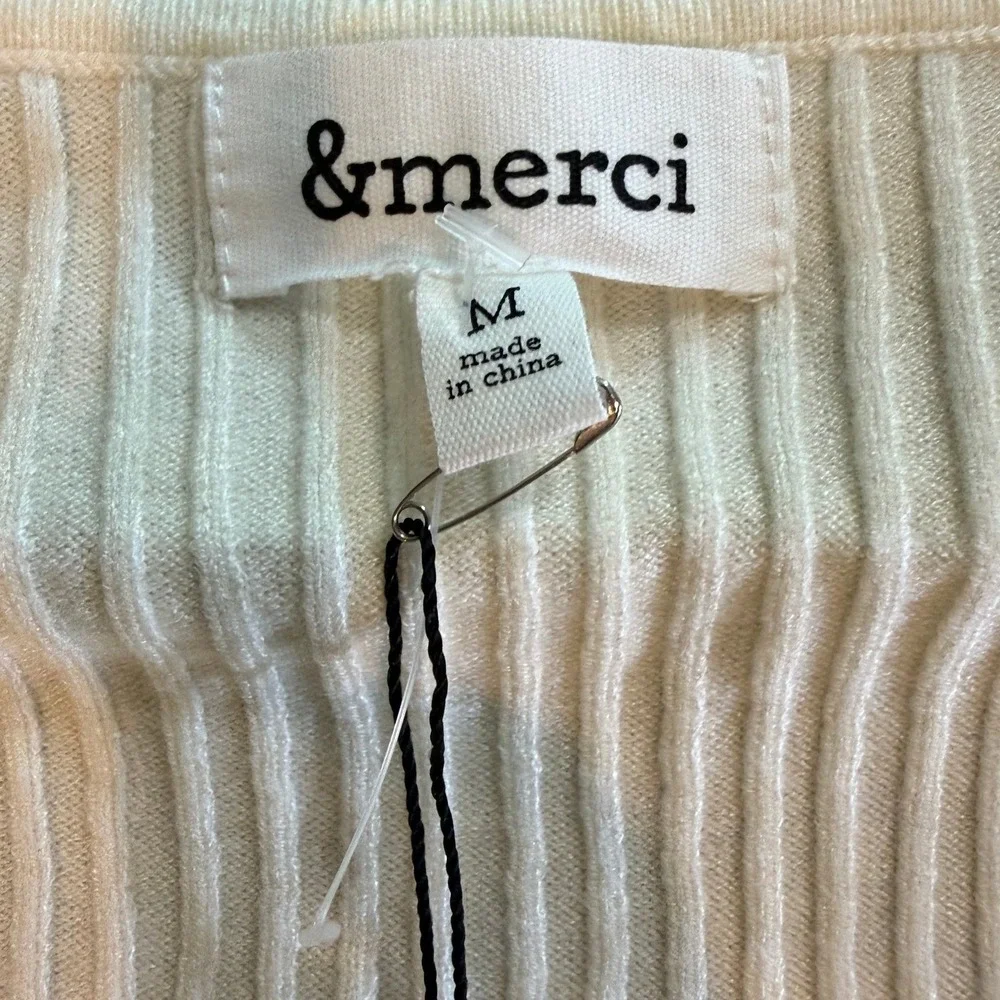 &merci Womens Cream White Ribbed Knit Square Neck Long Sleeve Top Size M NWT